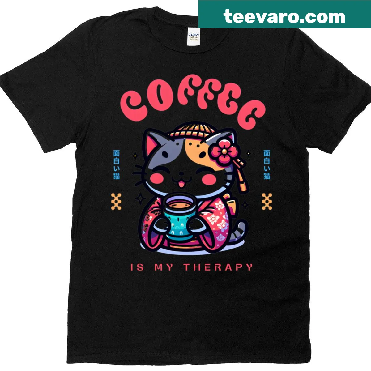 Adorable cat graphic with coffee theme for a therapy tee — on a men's t-shirt
