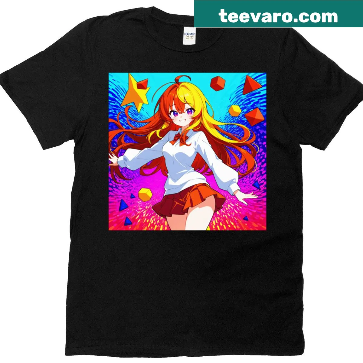 Oversized T-shirt featuring a cute blonde anime girl illustration — on a men's t-shirt