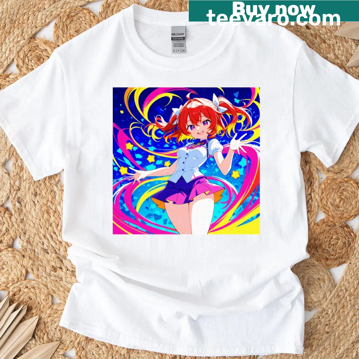 Energetic anime girl T-shirt with cute character illustration — on a men's t-shirt