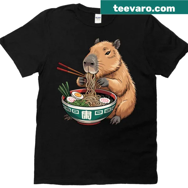 Cartoon capybara eating ramen on an oversized anime t-shirt