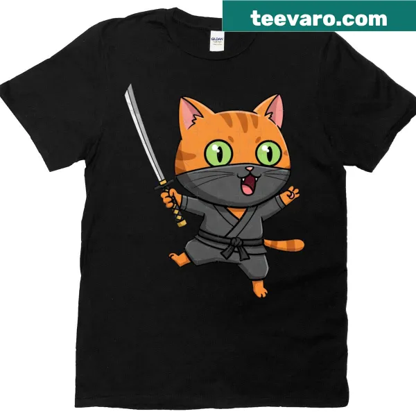 Kawaii ninja cat wielding a katana on a cute graphic tee