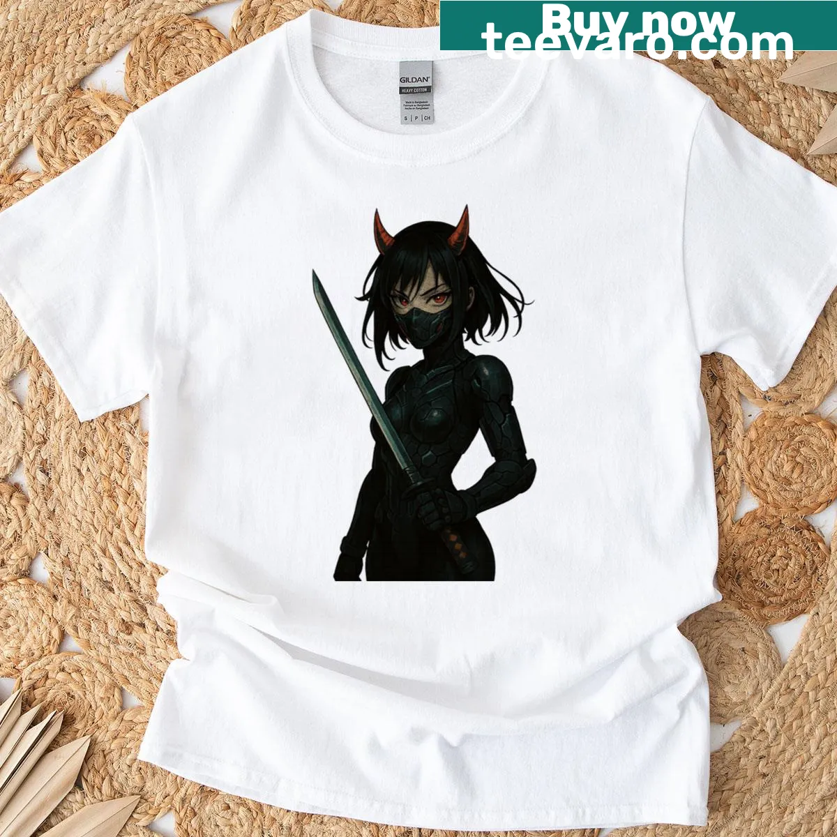 Illustration of a warrior oni girl with katana in shadows on t-shirt — on a men's t-shirt