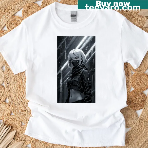 T-shirt with a graphic of a shadowy figure in a cyberpunk style