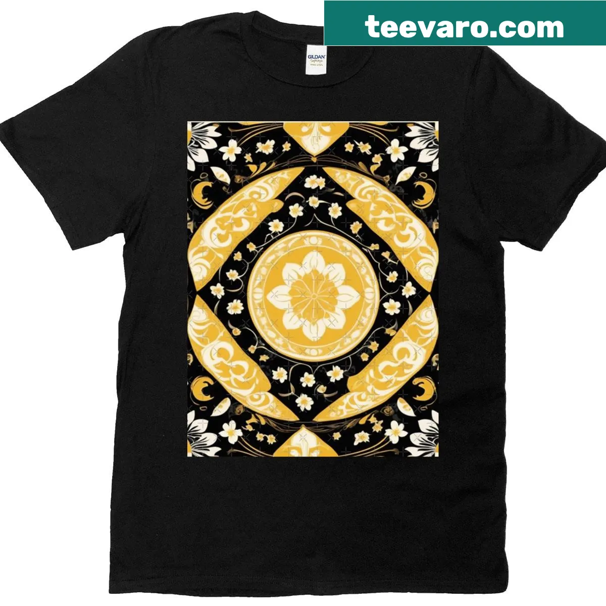 T-shirt featuring a floral kimono pattern with daisies — on a men's t-shirt