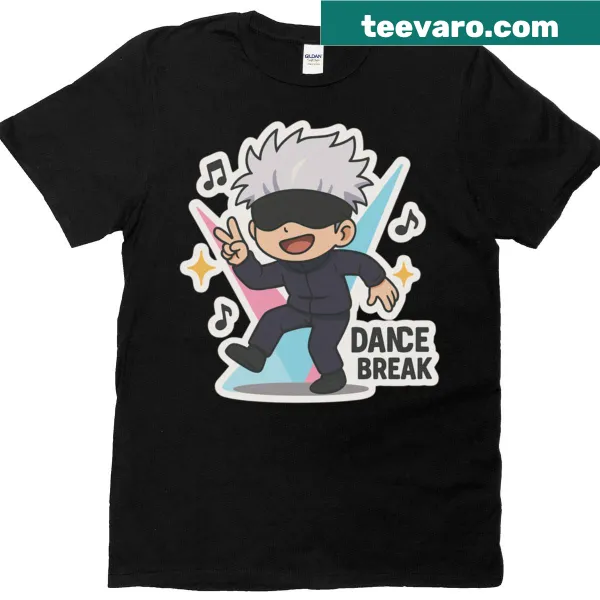 Illustration of Gojo encouraging a dance break on a fun T-shirt