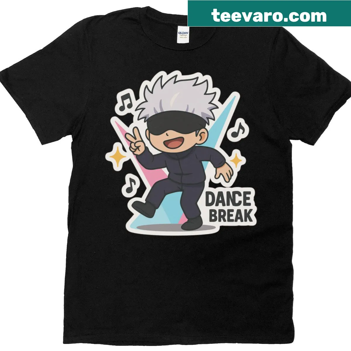 Illustration of Gojo encouraging a dance break on a fun T-shirt — on a men's t-shirt