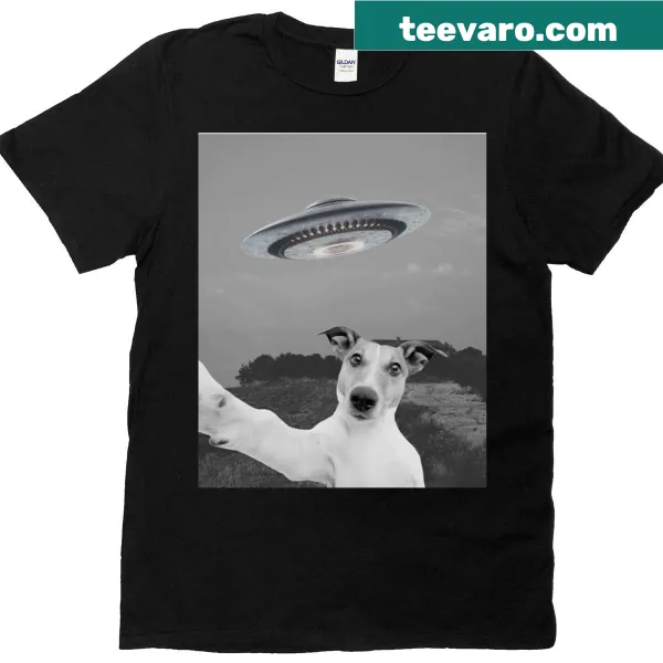 Cartoon dog taking a selfie with a UFO in the background