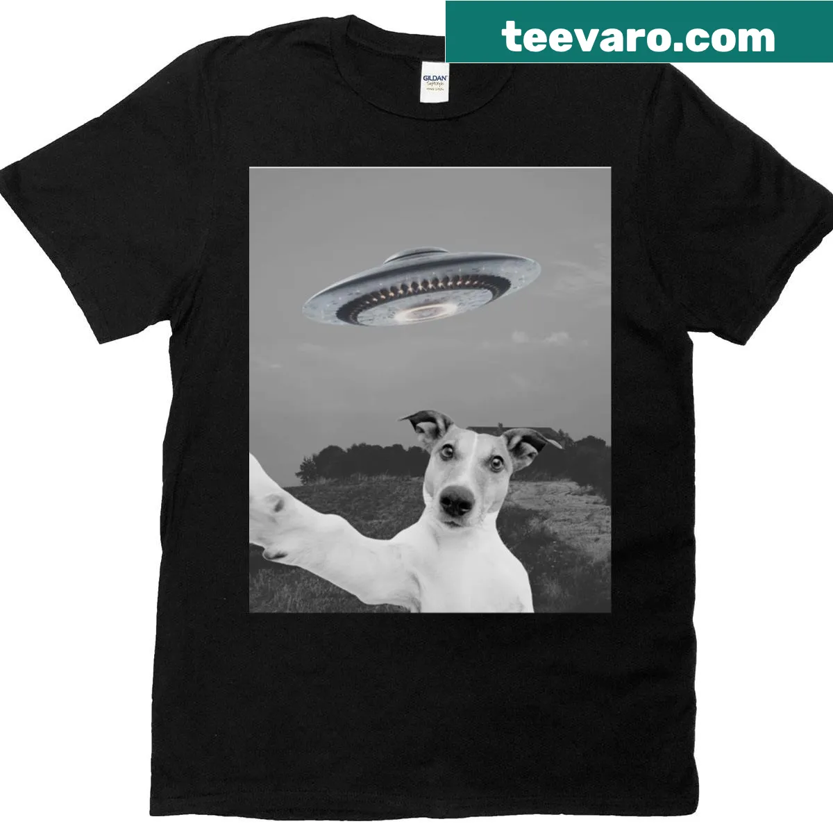 Cartoon dog taking a selfie with a UFO in the background — on a men's t-shirt