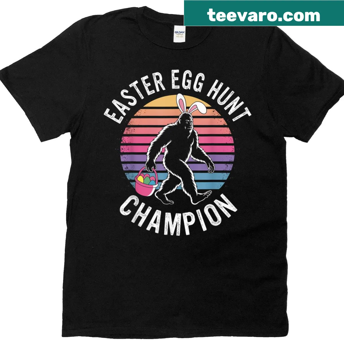 Funny Easter t-shirt with Bigfoot and bunny design celebrating egg hunts — on a men's t-shirt