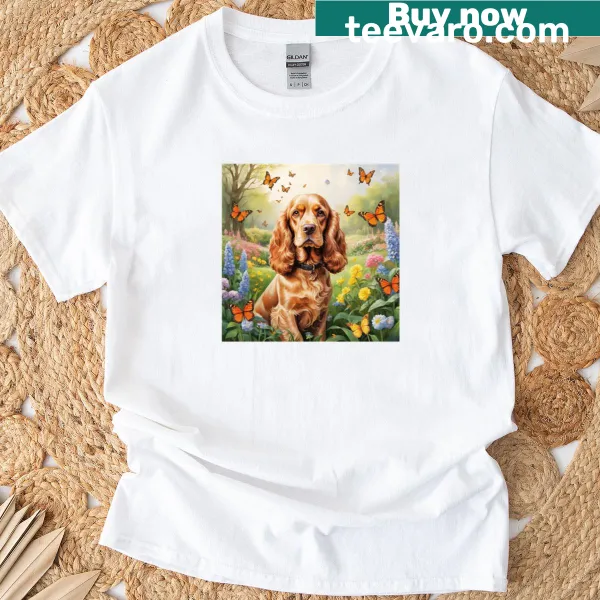 Illustration of an English Cocker Spaniel in a spring garden.