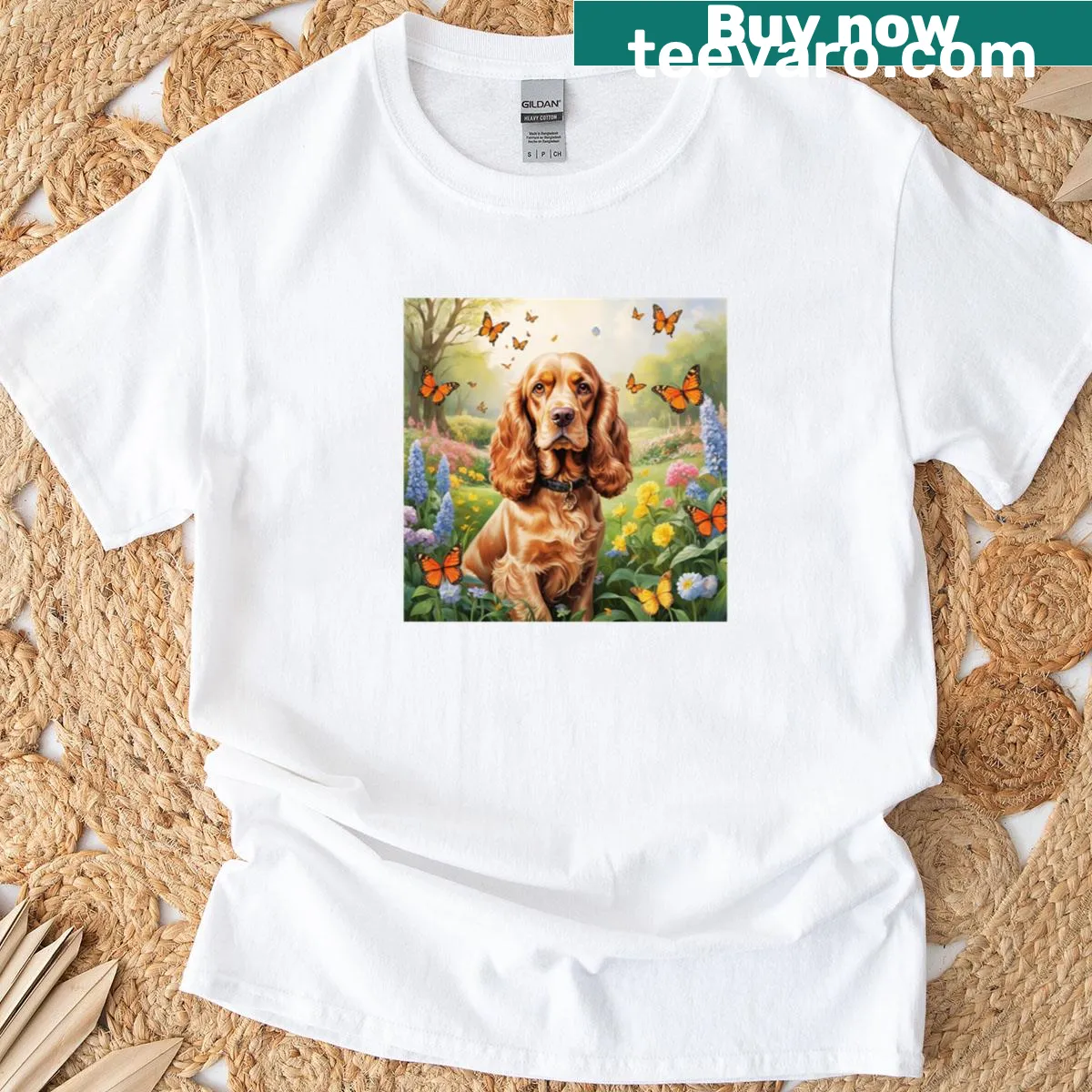 Illustration of an English Cocker Spaniel in a spring garden. — on a men's t-shirt