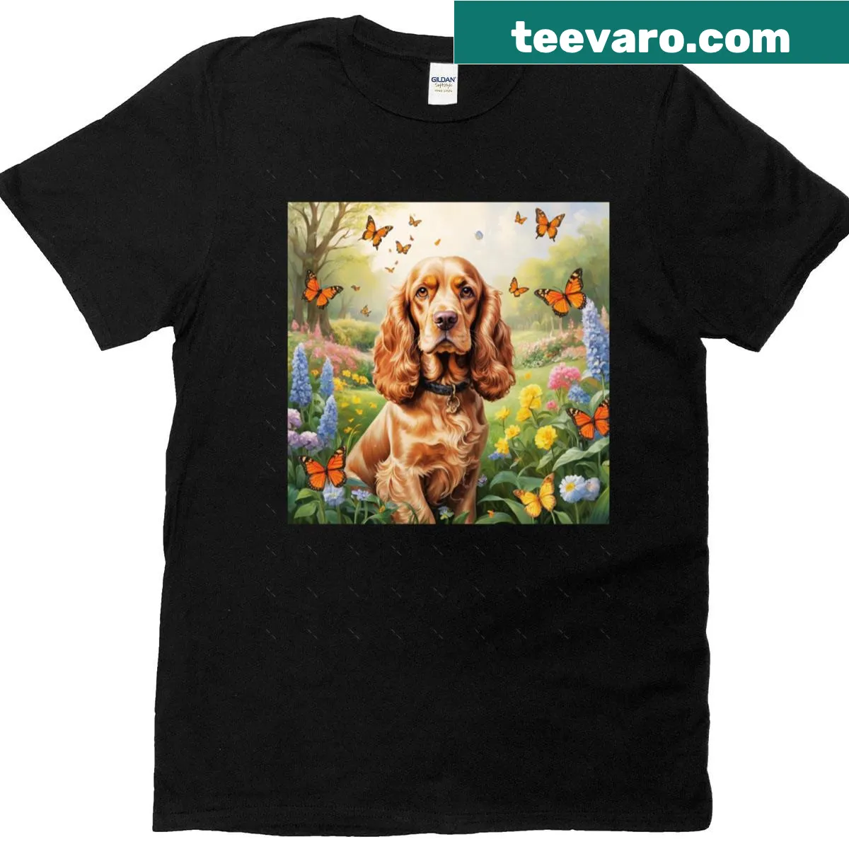 Oversized t-shirt featuring an English Cocker Spaniel in a spring garden with butterflies — on a men's t-shirt