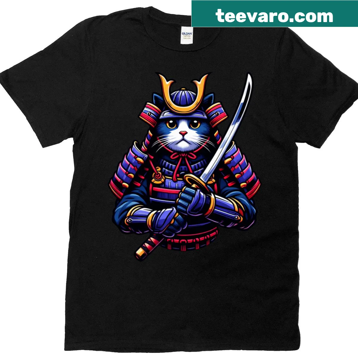 Samurai cat warrior illustration on a striking t-shirt — on a men's t-shirt