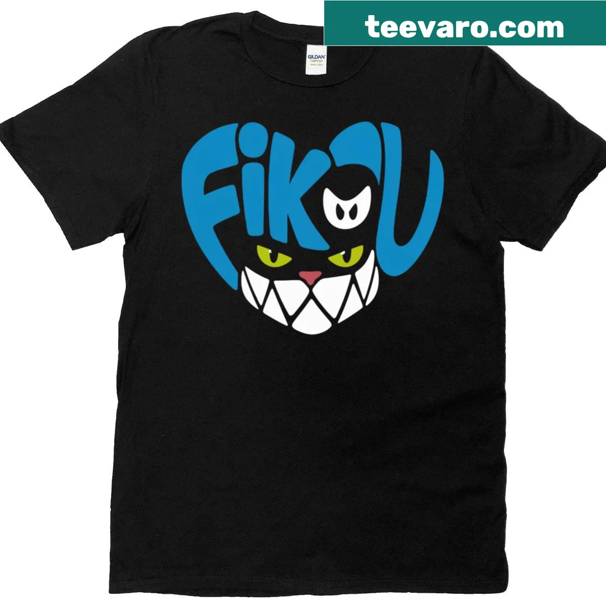 Cartoon cat face graphic with a mischievous grin on a t-shirt — on a men's t-shirt