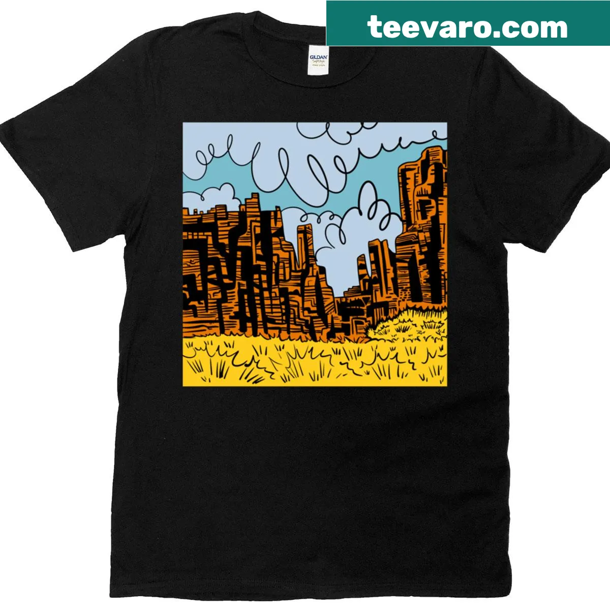 Silhouette of fluffy clouds over a canyon on an oversized t-shirt — on a men's t-shirt