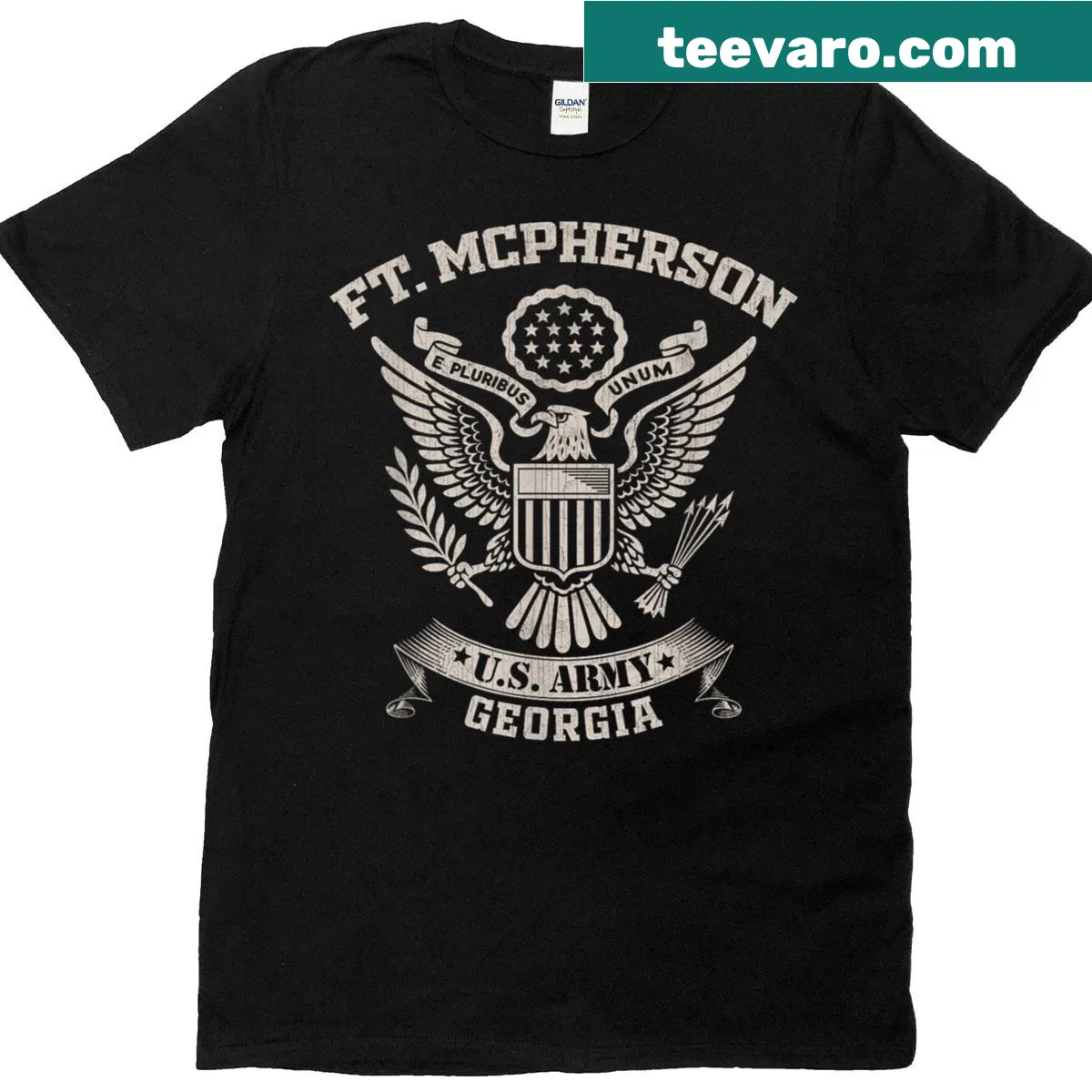 Vintage distressed T-shirt featuring Fort McPherson military base design — on a men's t-shirt