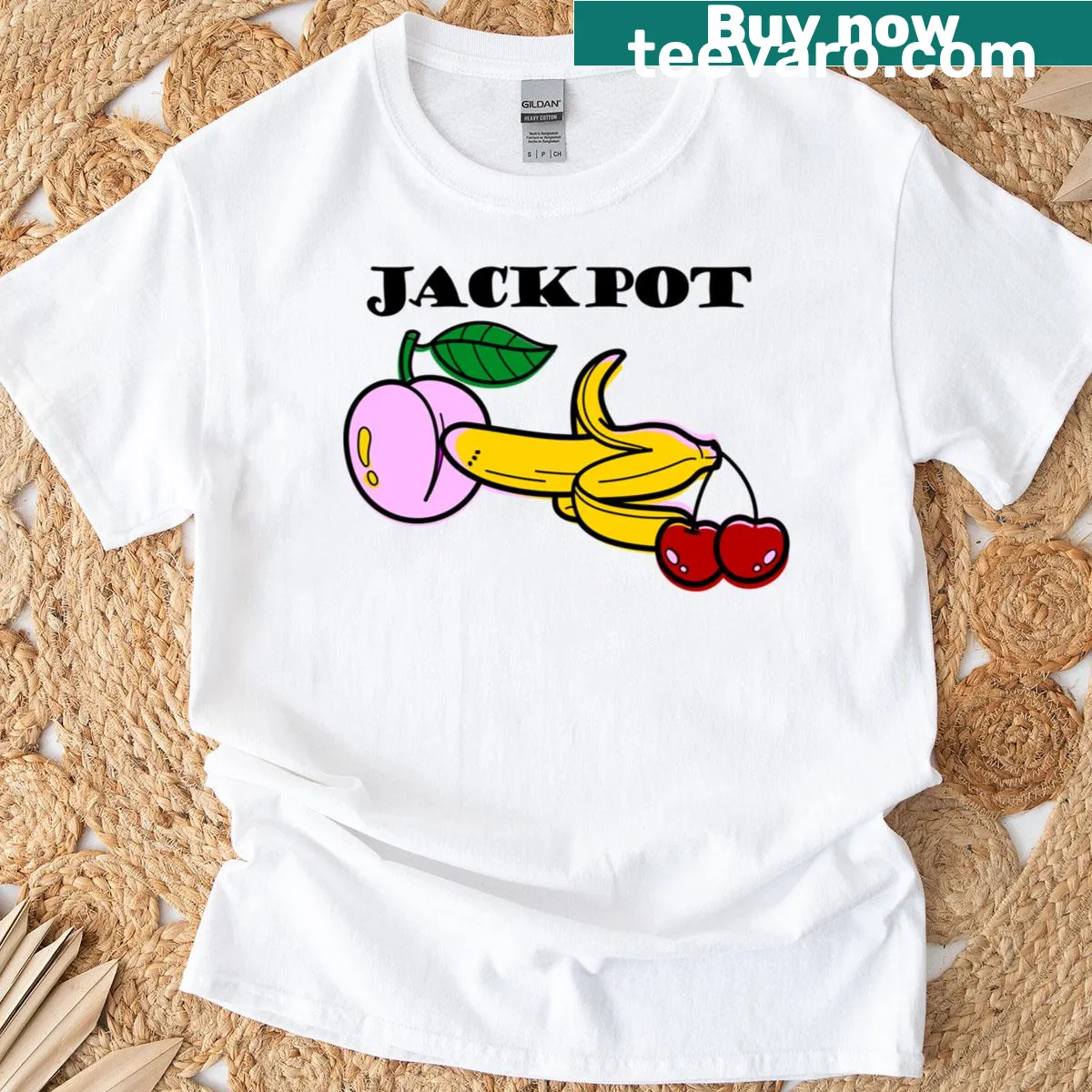 Playful graphic T-shirt featuring fruity casino jackpot design — on a men's t-shirt