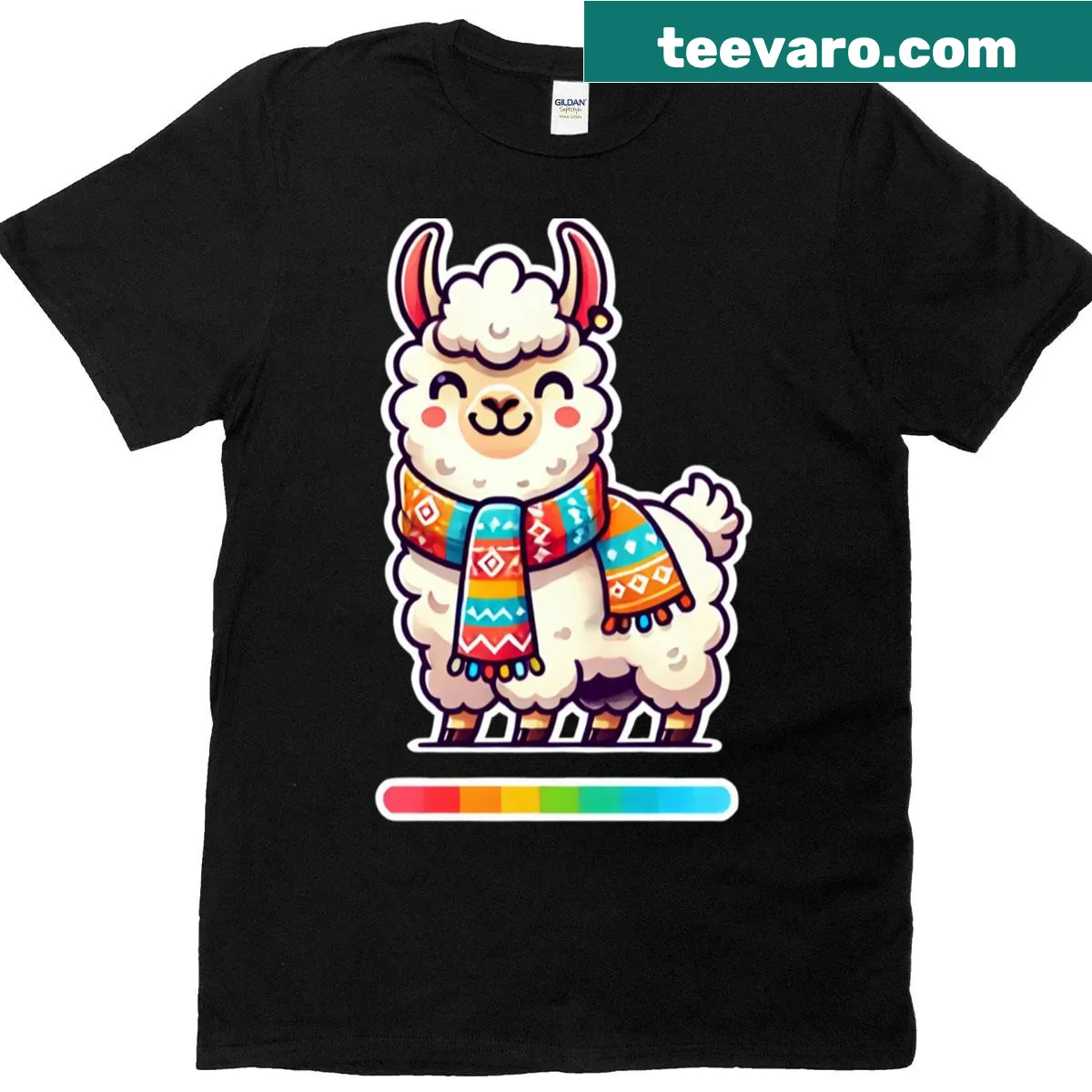 Cartoon llama with scarf graphic on oversized T-shirt — on a men's t-shirt