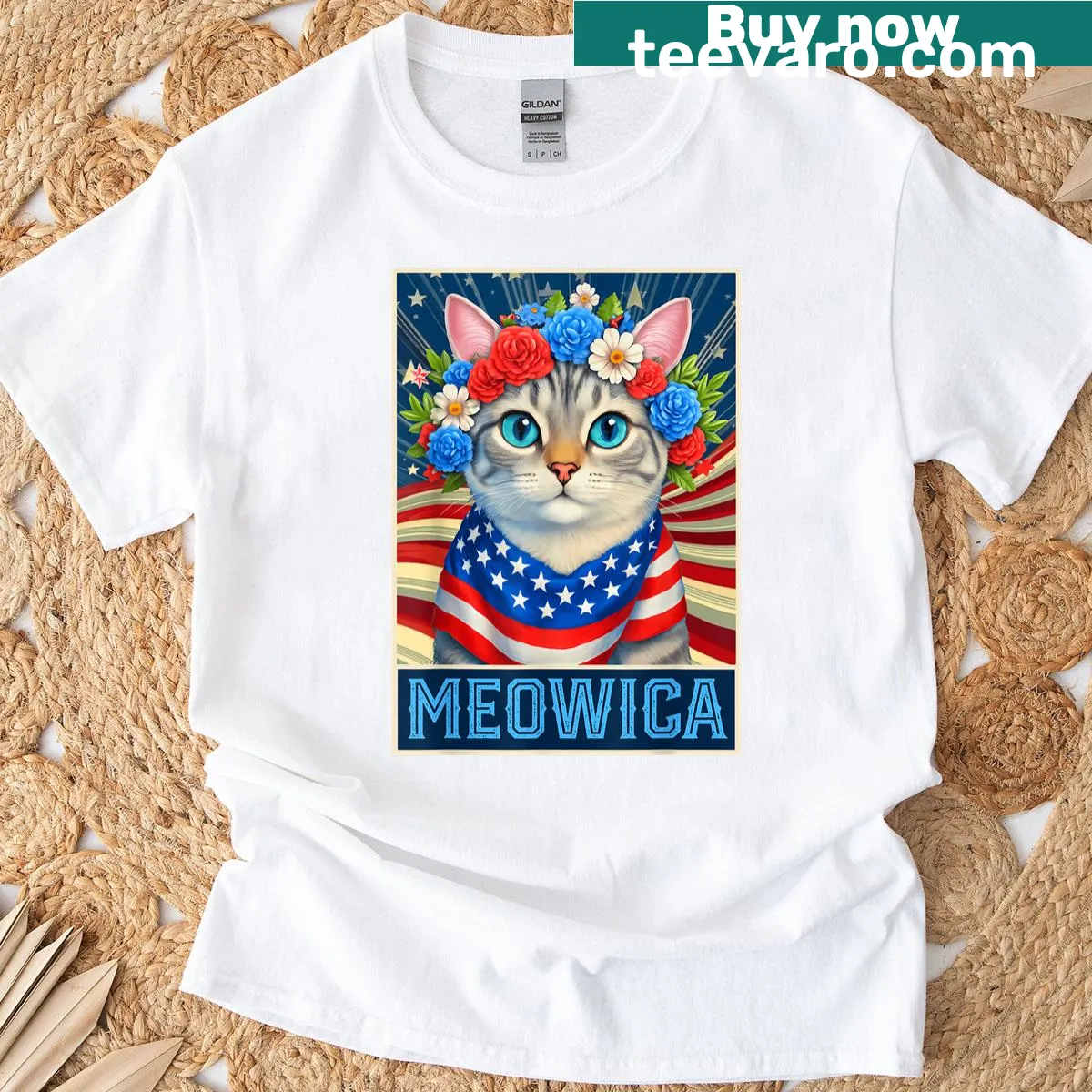 Patriotic cat T-shirt with elements of American flag and flowers — on a men's t-shirt