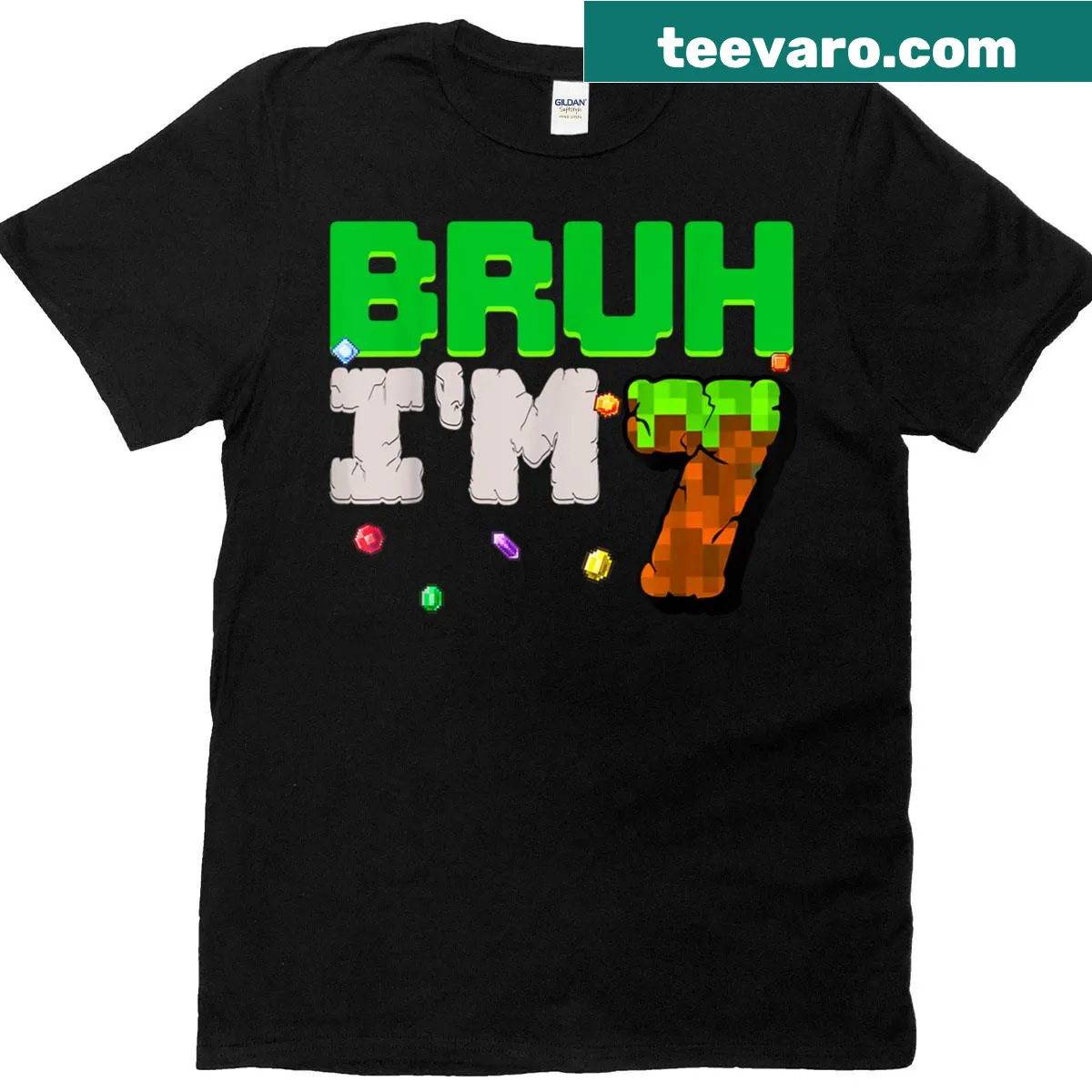 Pixelated text graphic saying Bruh Im 7 Years Old on T-shirt — on a men's t-shirt