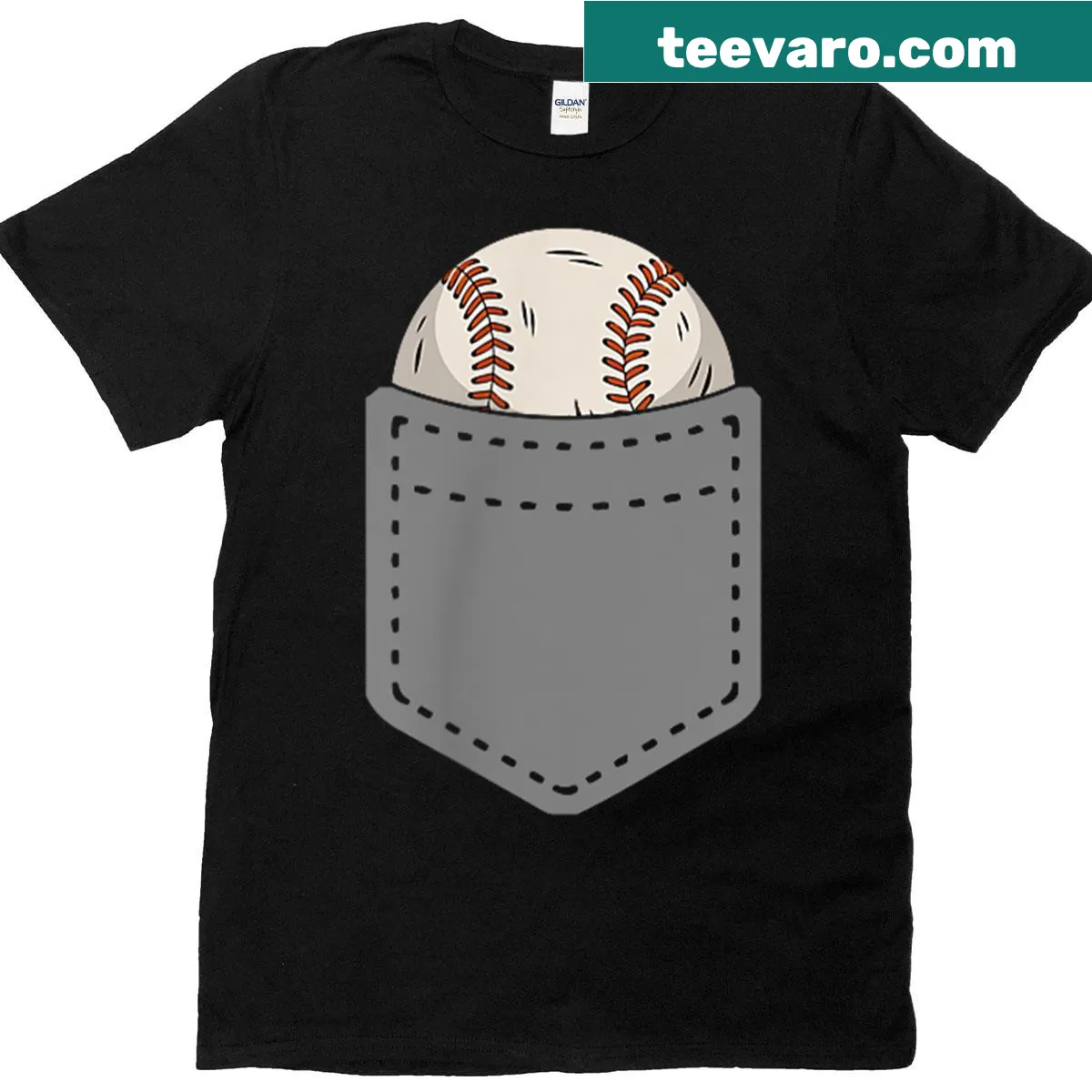 Baseball graphic appearing from a pocket on T-shirt — on a men's t-shirt