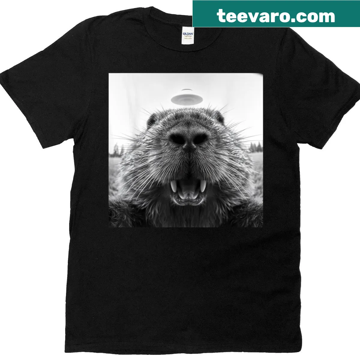 Novelty T-shirt featuring a beaver selfie with a UFO — on a men's t-shirt