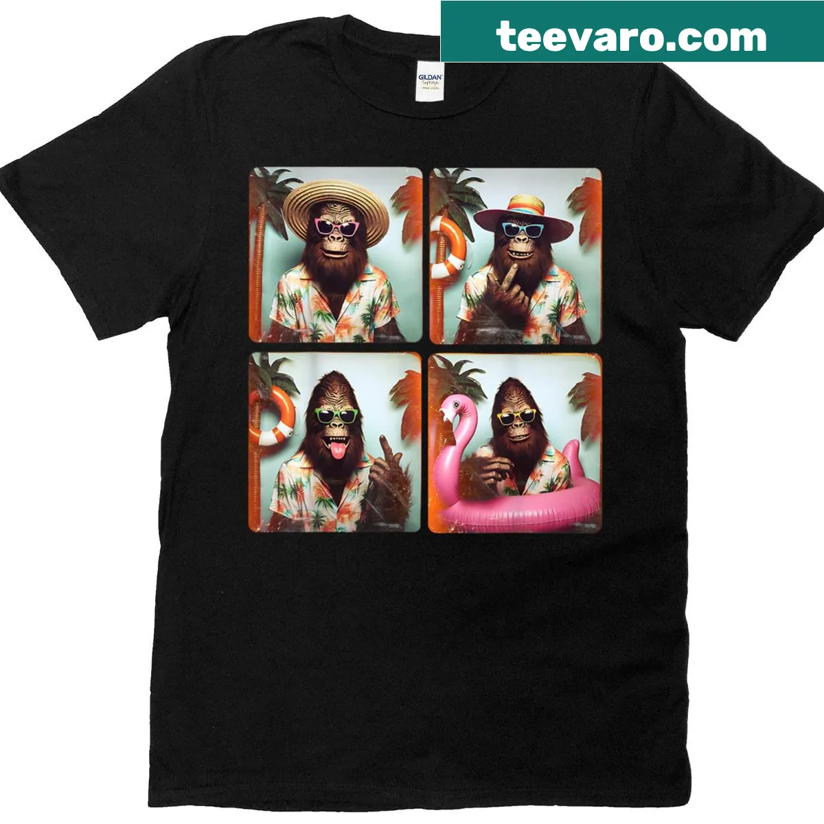 Bigfoot posing in a vacation photobooth — on a men's t-shirt