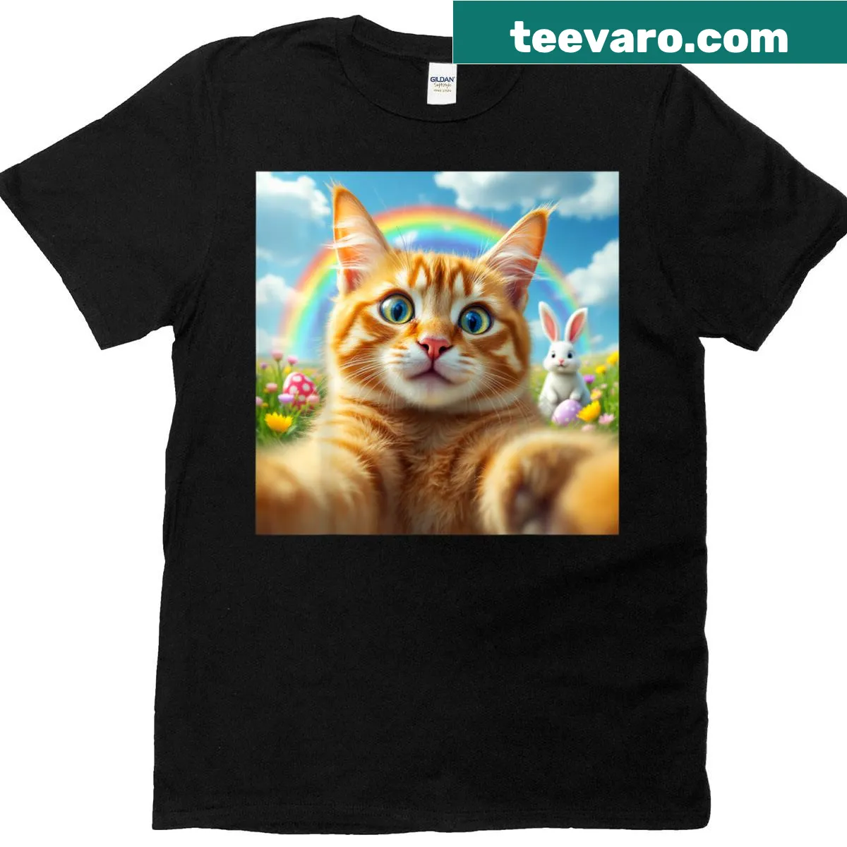 Funny cat taking a selfie with a cute bunny — on a men's t-shirt