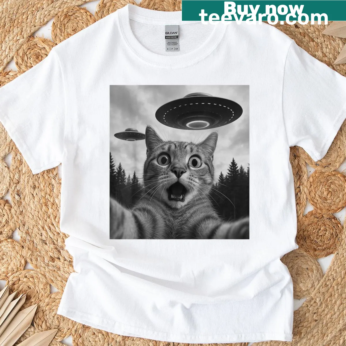 Cat selfie graphic with UFOs on a humorous t-shirt — on a men's t-shirt