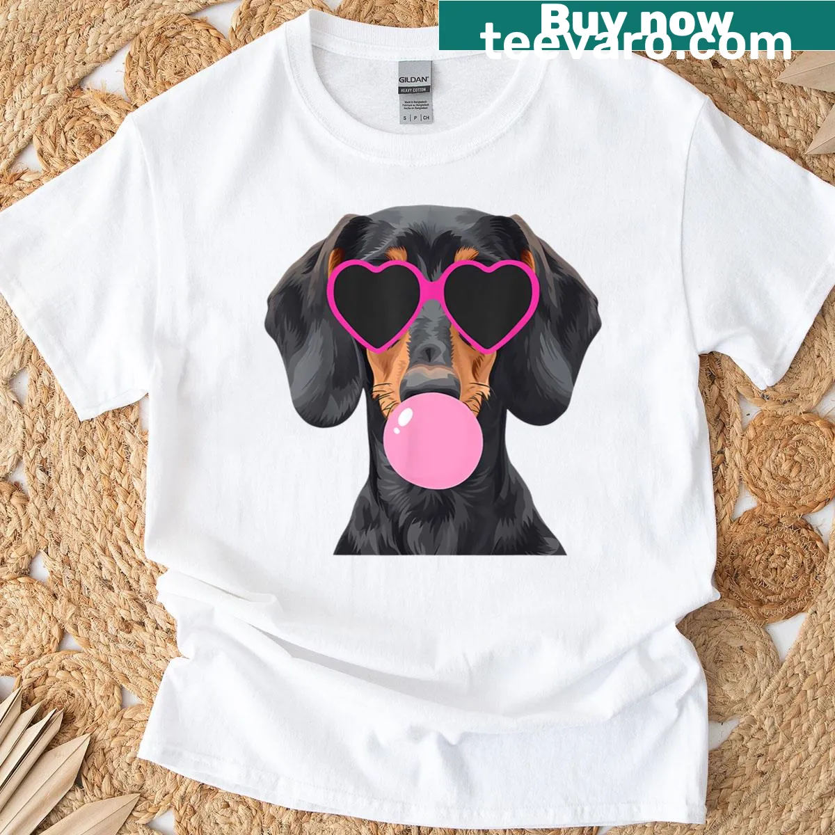 Cartoon T-shirt featuring a dachshund in glasses blowing pink bubble gum. — on a men's t-shirt