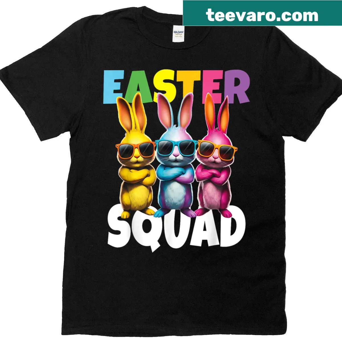 Funny Easter Squad T-shirt featuring cartoon bunnies for kids — on a men's t-shirt