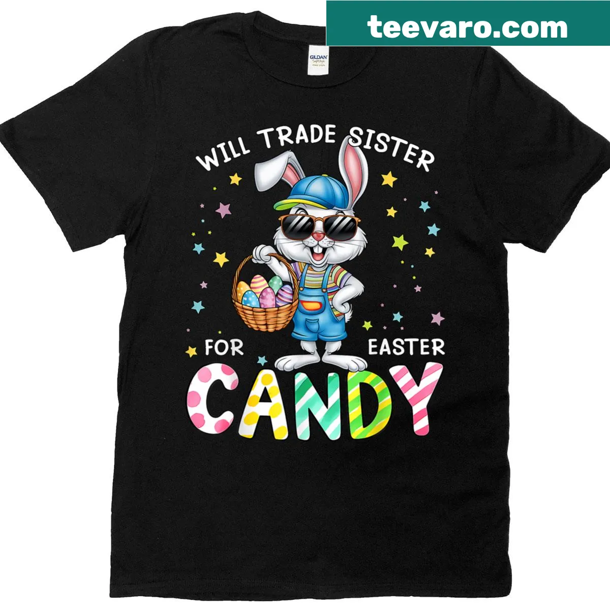 Funny Easter T-shirt for kids with slogan about trading sister for candy — on a men's t-shirt