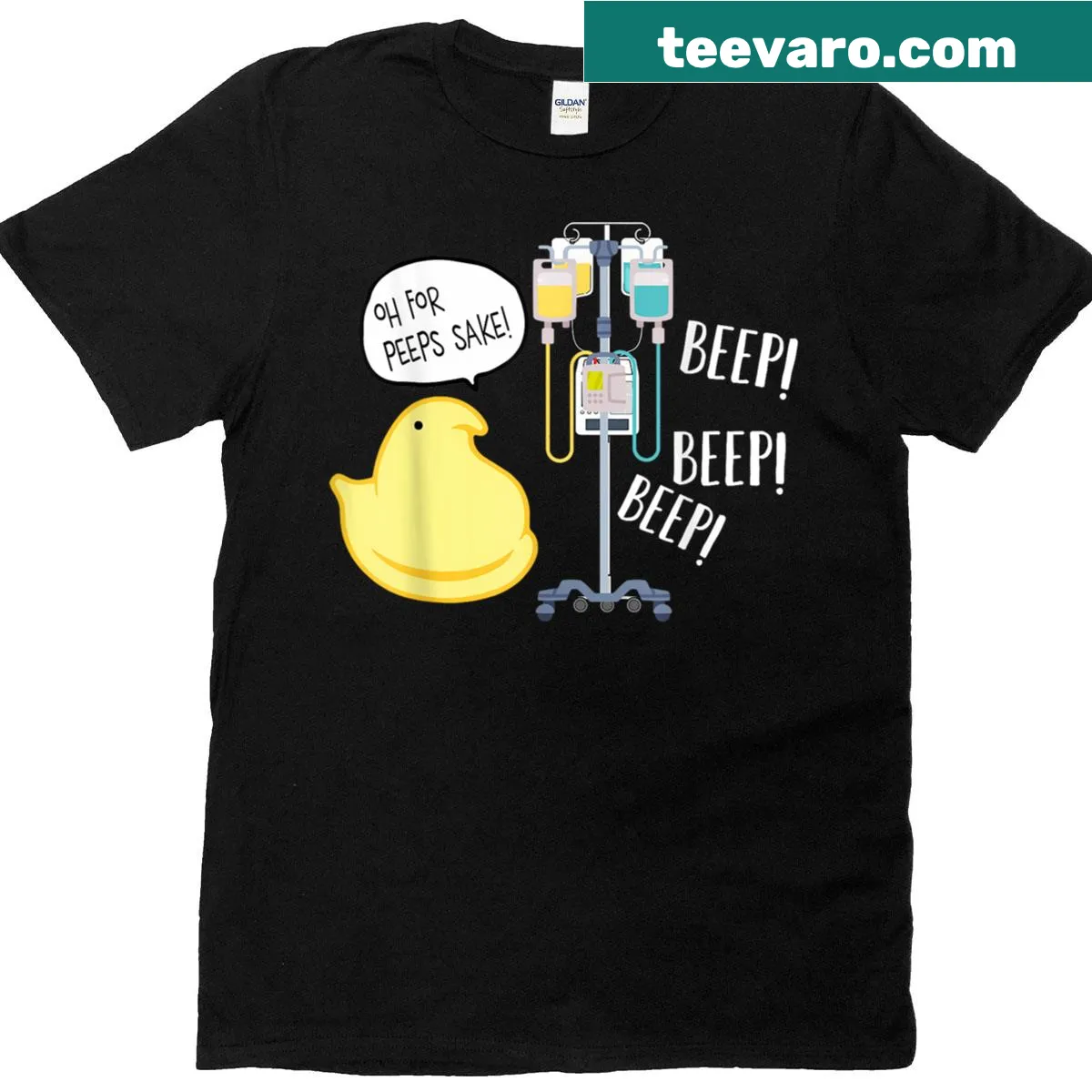 Nurse-themed Easter t-shirt featuring IV pump elements in a whimsical design — on a men's t-shirt