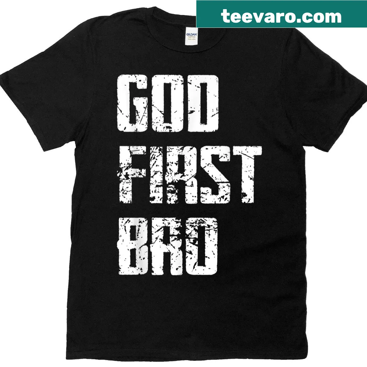 Hand-lettered t-shirt with the quote 'God First, Bro' — on a men's t-shirt