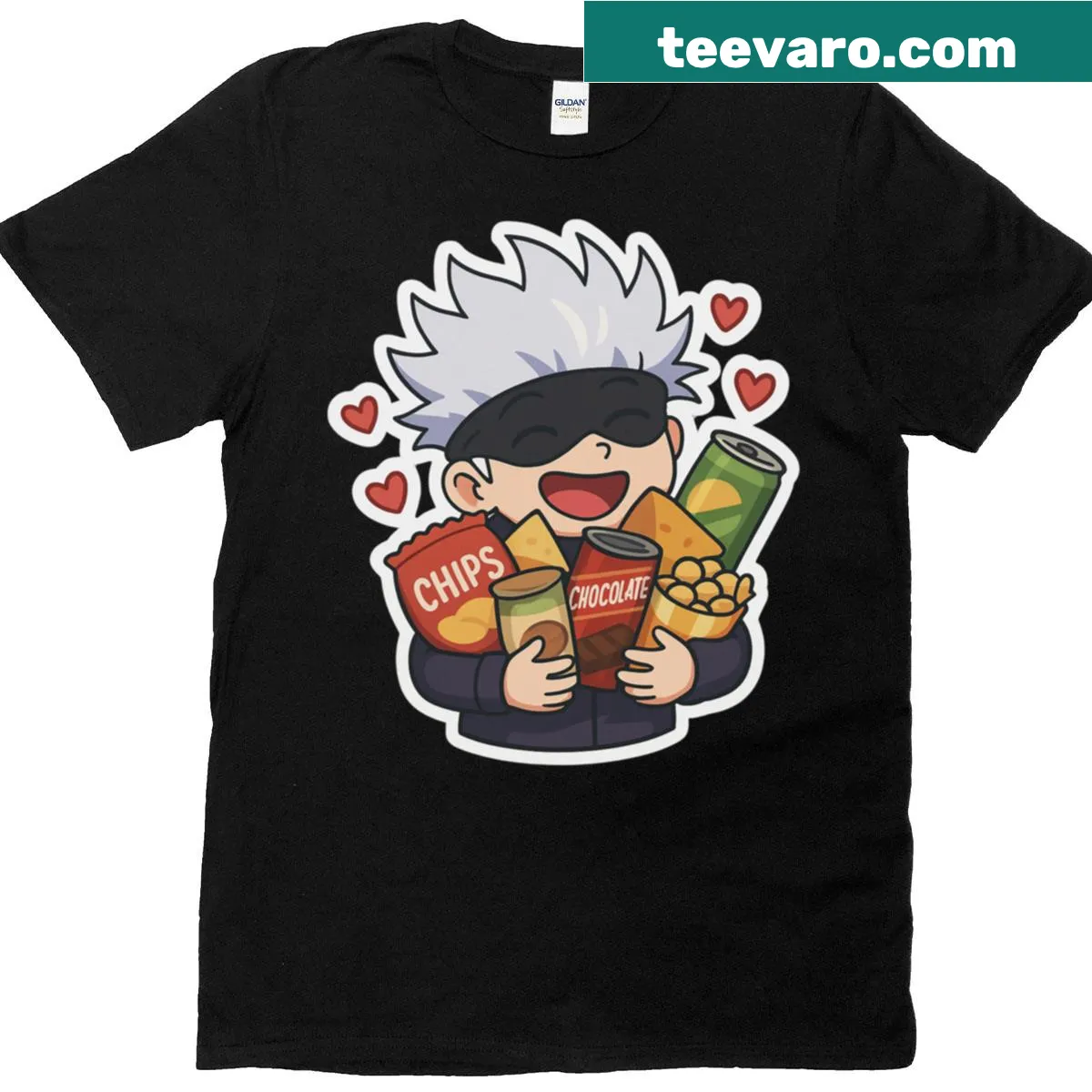 Gojo t-shirt with a fun graphic of him and the phrase about snacks. — on a men's t-shirt