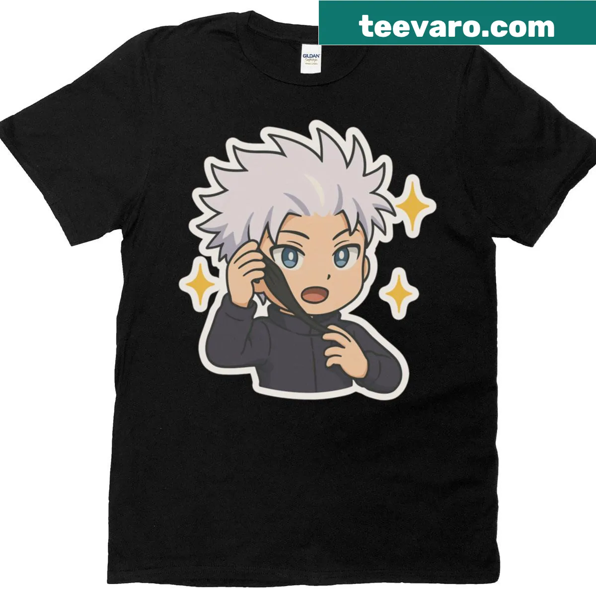 Gojo Satoru t-shirt featuring a graphic of him without glasses and humorous text. — on a men's t-shirt