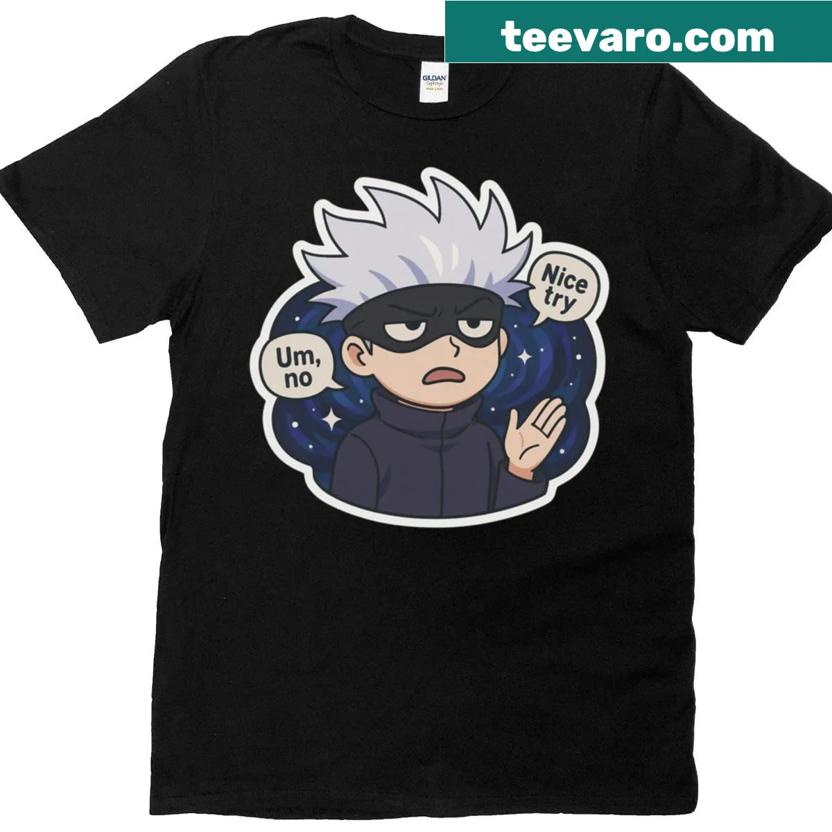 Gojo Satoru t-shirt with humorous text about unlimited sass. — on a men's t-shirt
