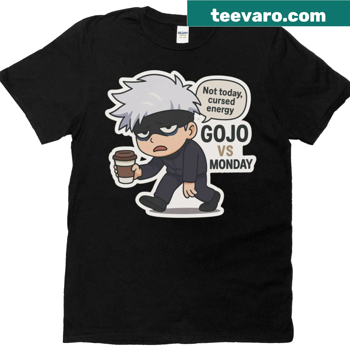 Gojo t-shirt featuring humorous graphics of him battling Monday. — on a men's t-shirt