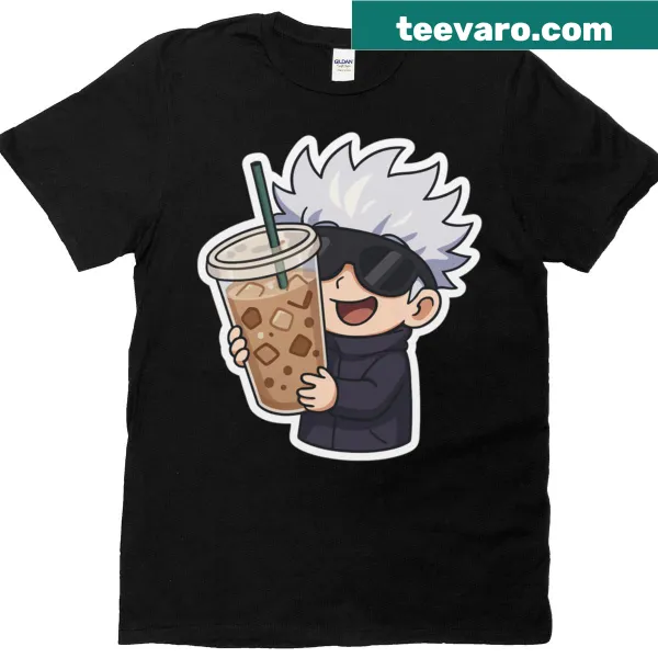 Gojo t-shirt with whimsical coffee-themed graphics and playful design.