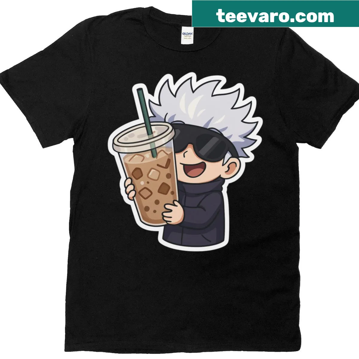 Gojo t-shirt with whimsical coffee-themed graphics and playful design. — on a men's t-shirt