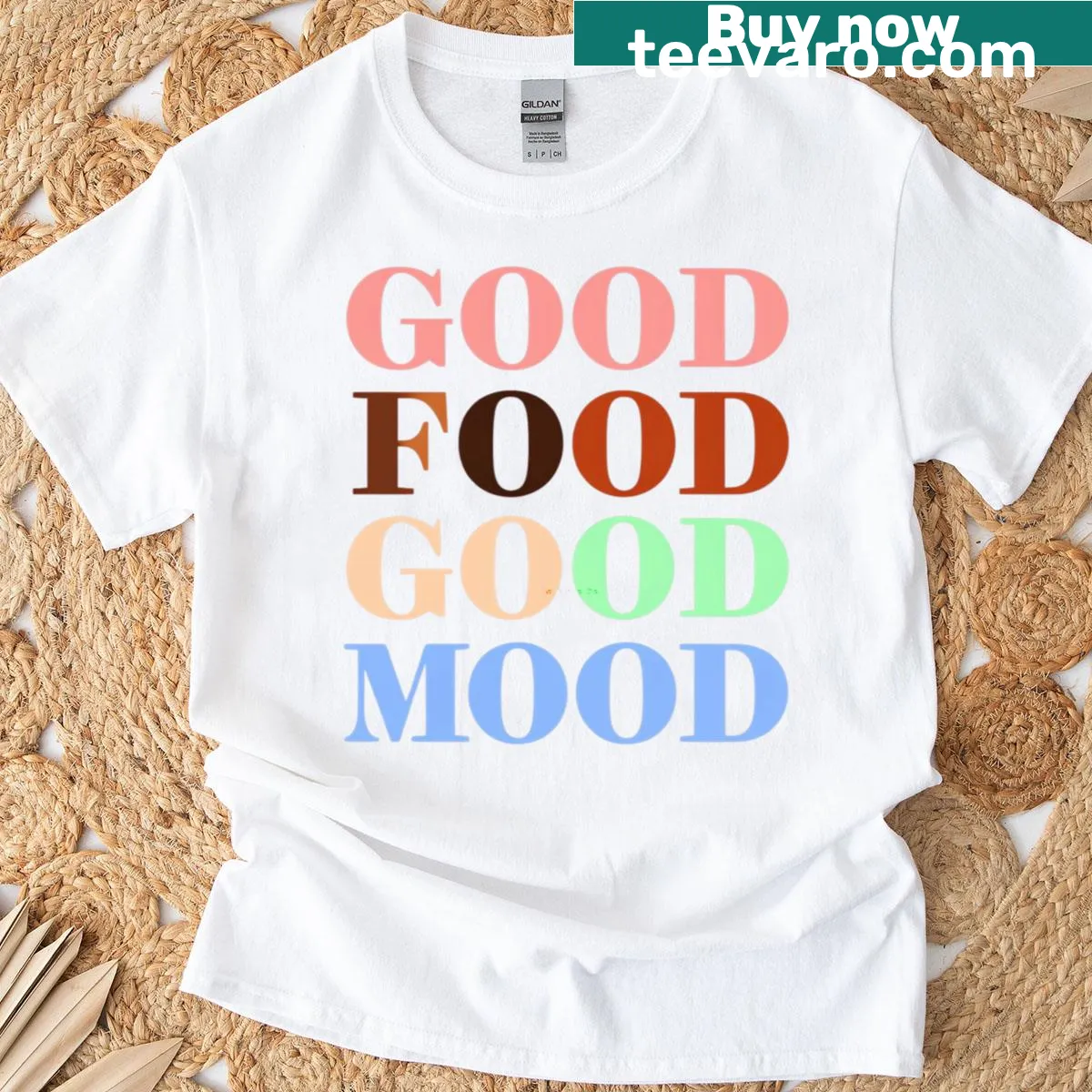 Retro typography T-shirt with 'Good Food Good Mood' quote — on a men's t-shirt