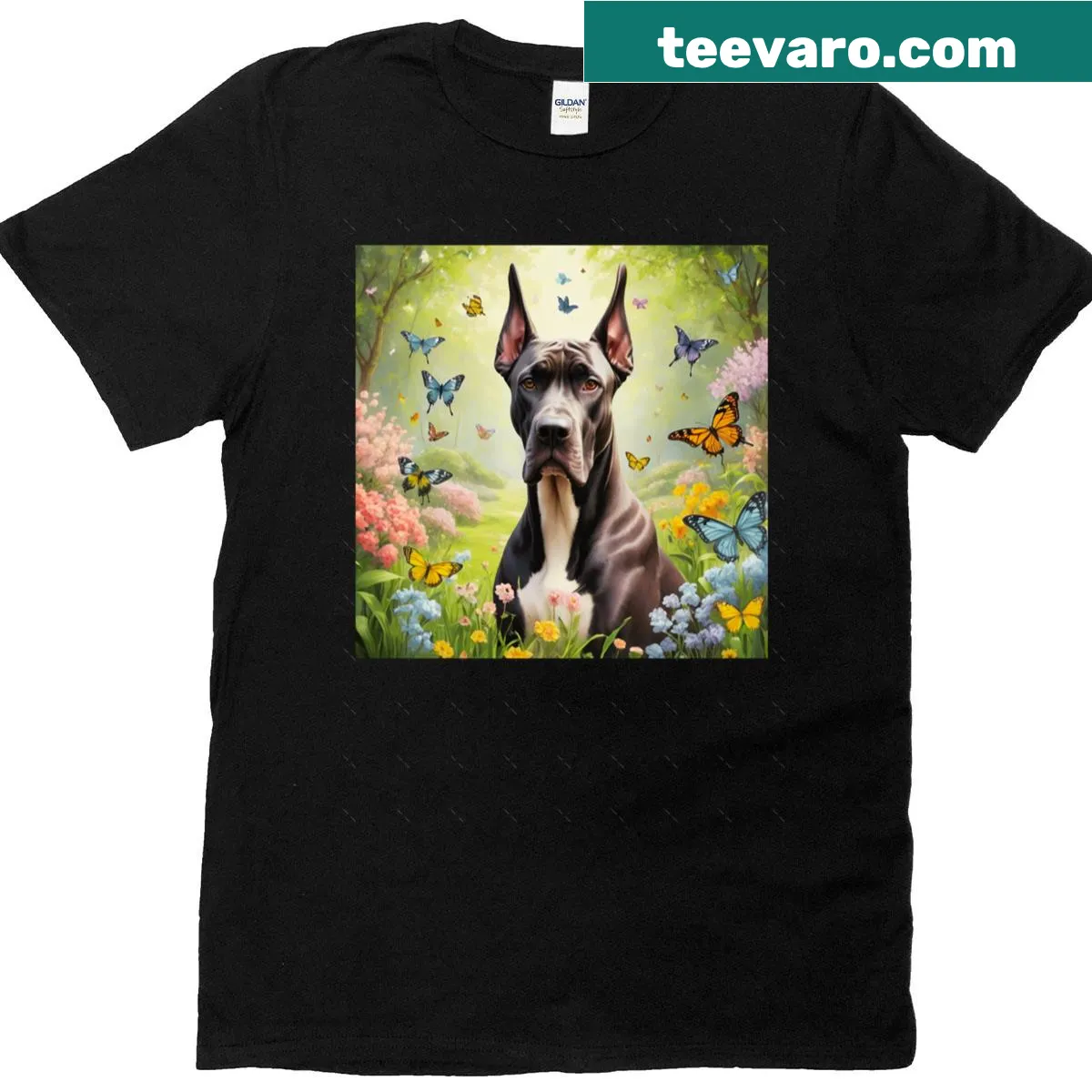 Illustration of a Great Dane in a spring garden with butterflies — on a men's t-shirt