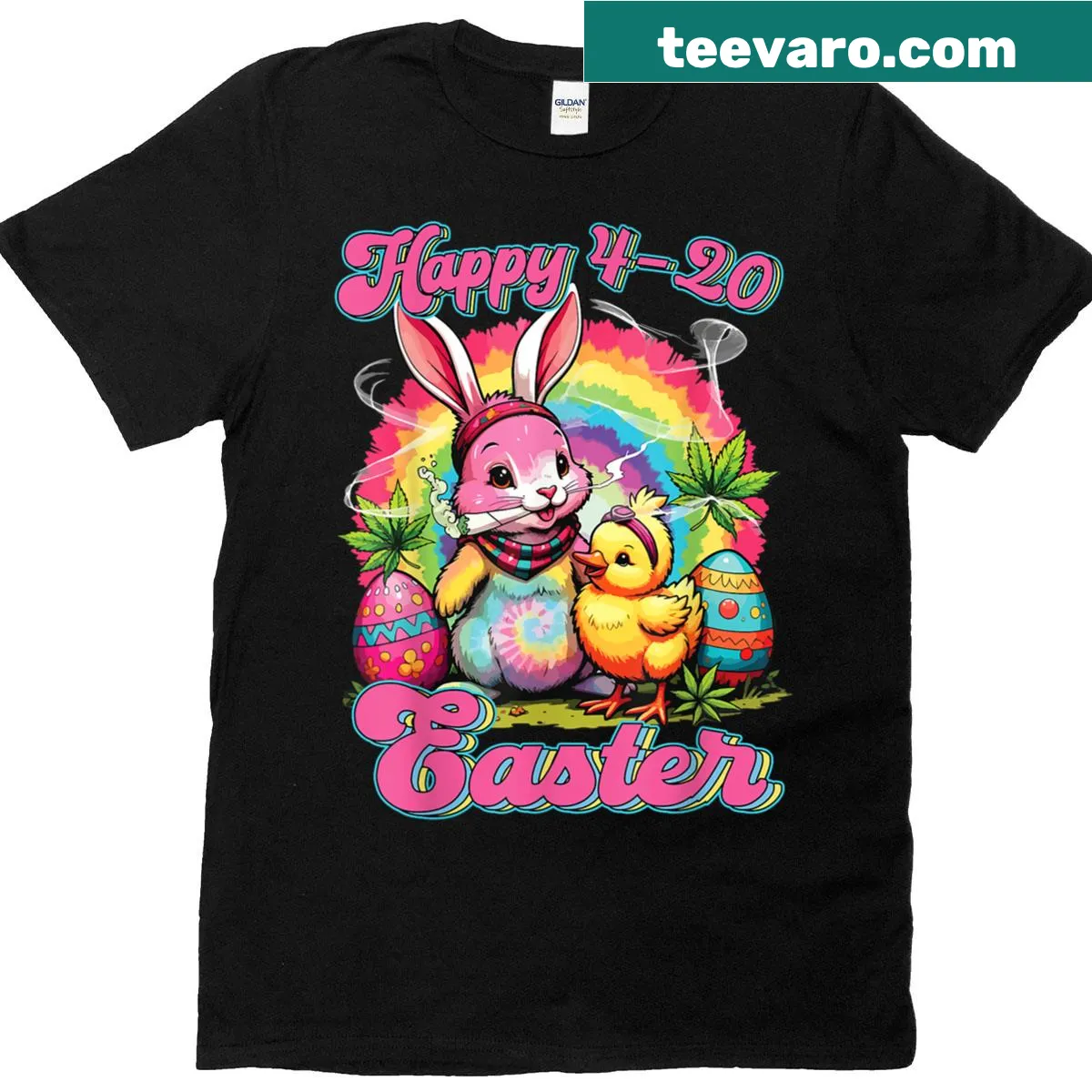 Funny Easter Bunny smoking weed T-shirt for 420 celebrations — on a men's t-shirt