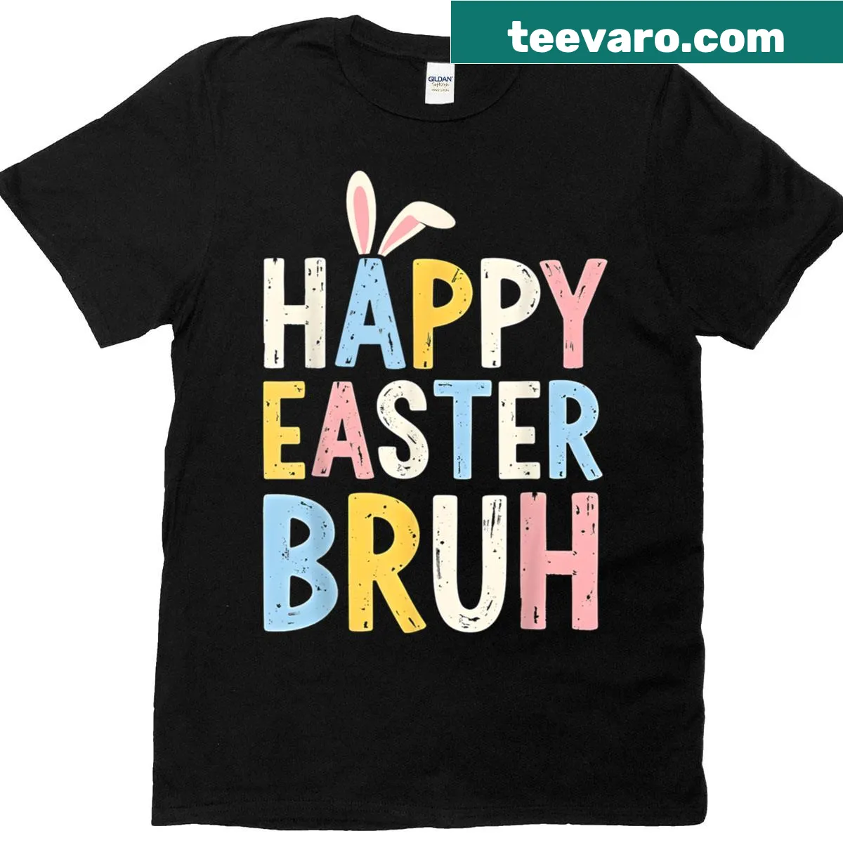 Meme-inspired Happy Easter Bruh Bunny graphic T-shirt — on a men's t-shirt