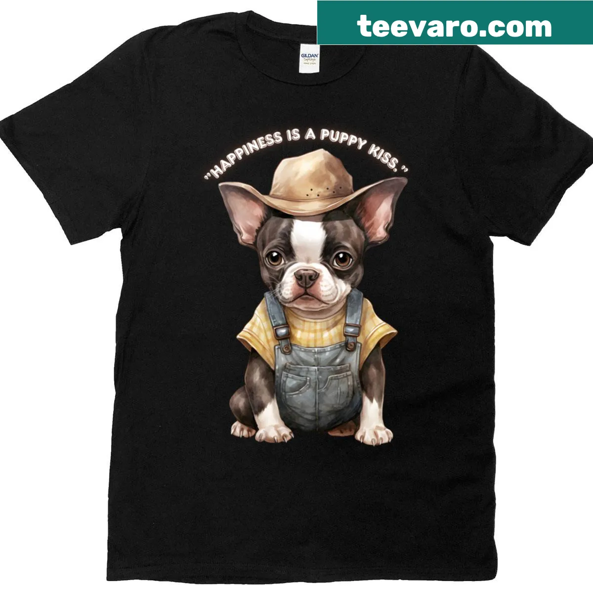 Funny dog lover t-shirt with text that says 'Happyness Is A Puppy Kiss' — on a men's t-shirt