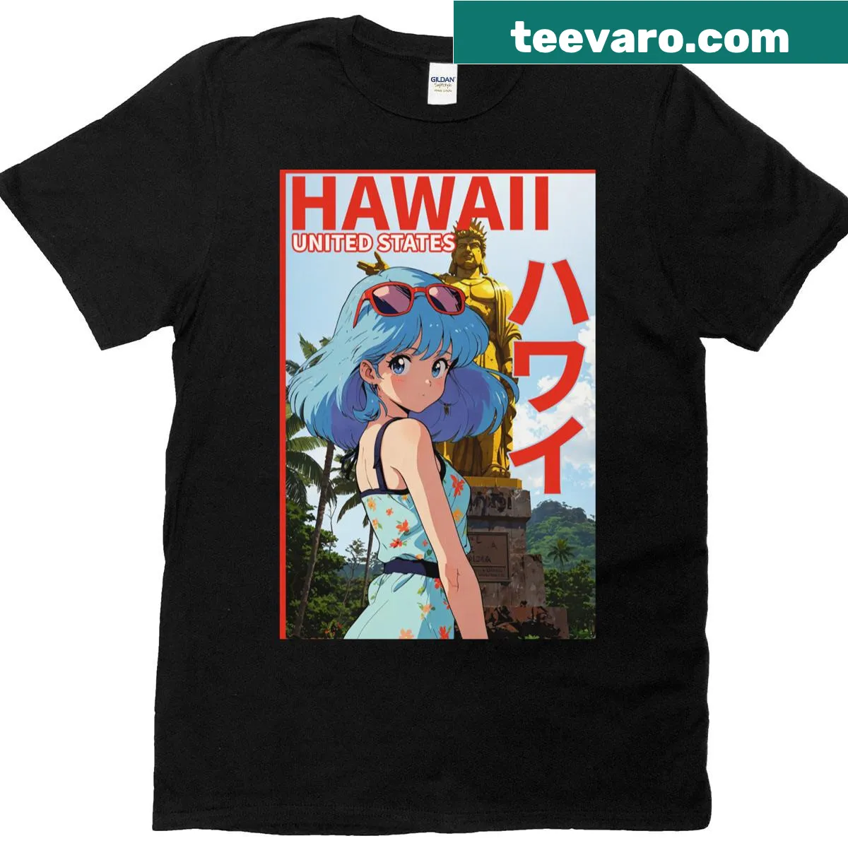 Retro T-shirt featuring kawaii anime girl on a tropical island — on a men's t-shirt