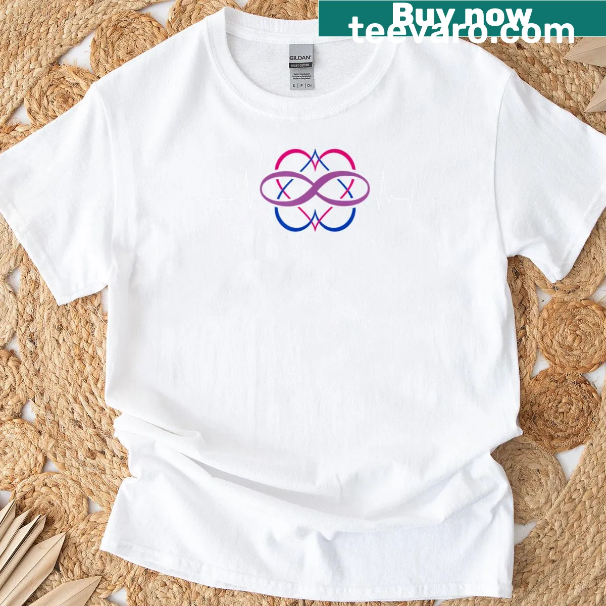 Infinity heartbeat polyamory symbol graphic T-shirt — on a men's t-shirt
