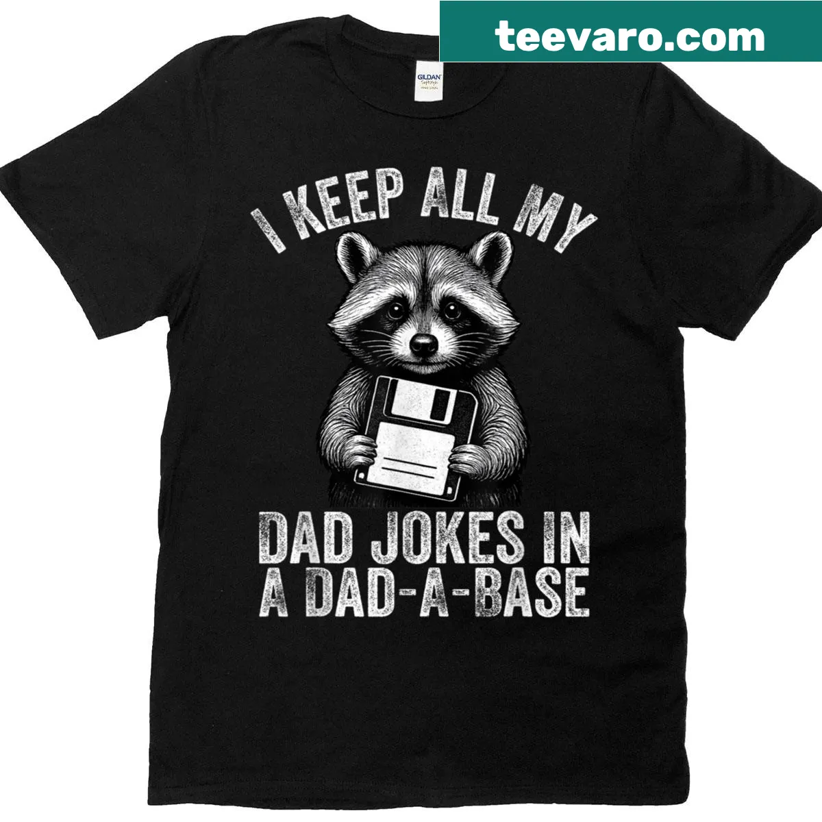 Funny dad t-shirt with text about keeping dad jokes in a Dad-a-base — on a men's t-shirt