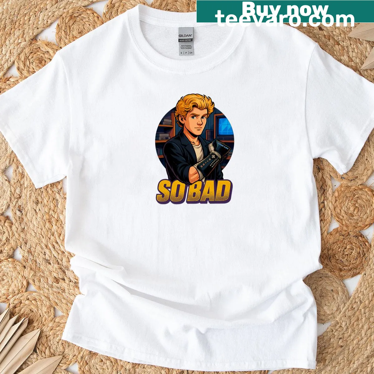 Nostalgic graphic celebrating the Power Glove on a T-shirt — on a men's t-shirt