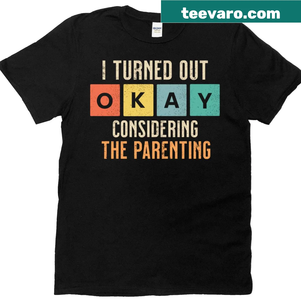T-shirt featuring the humorous quote about parenting: 'I Turned Out Okay Considering The Parenting.' — on a men's t-shirt